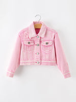 Girls Pink Denim Jacket with Lace Bow Back Detail by Rylee Faith Designs