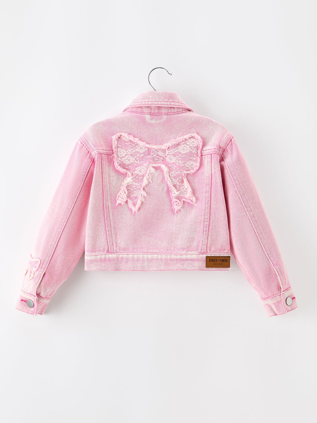 Girls Pink Denim Jacket with Lace Bow Back Detail by Rylee Faith Designs