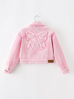 Girls Pink Denim Jacket with Lace Bow Back Detail by Rylee Faith Designs