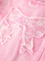 Girls Pink Denim Jacket with Lace Bow Back Detail by Rylee Faith Designs