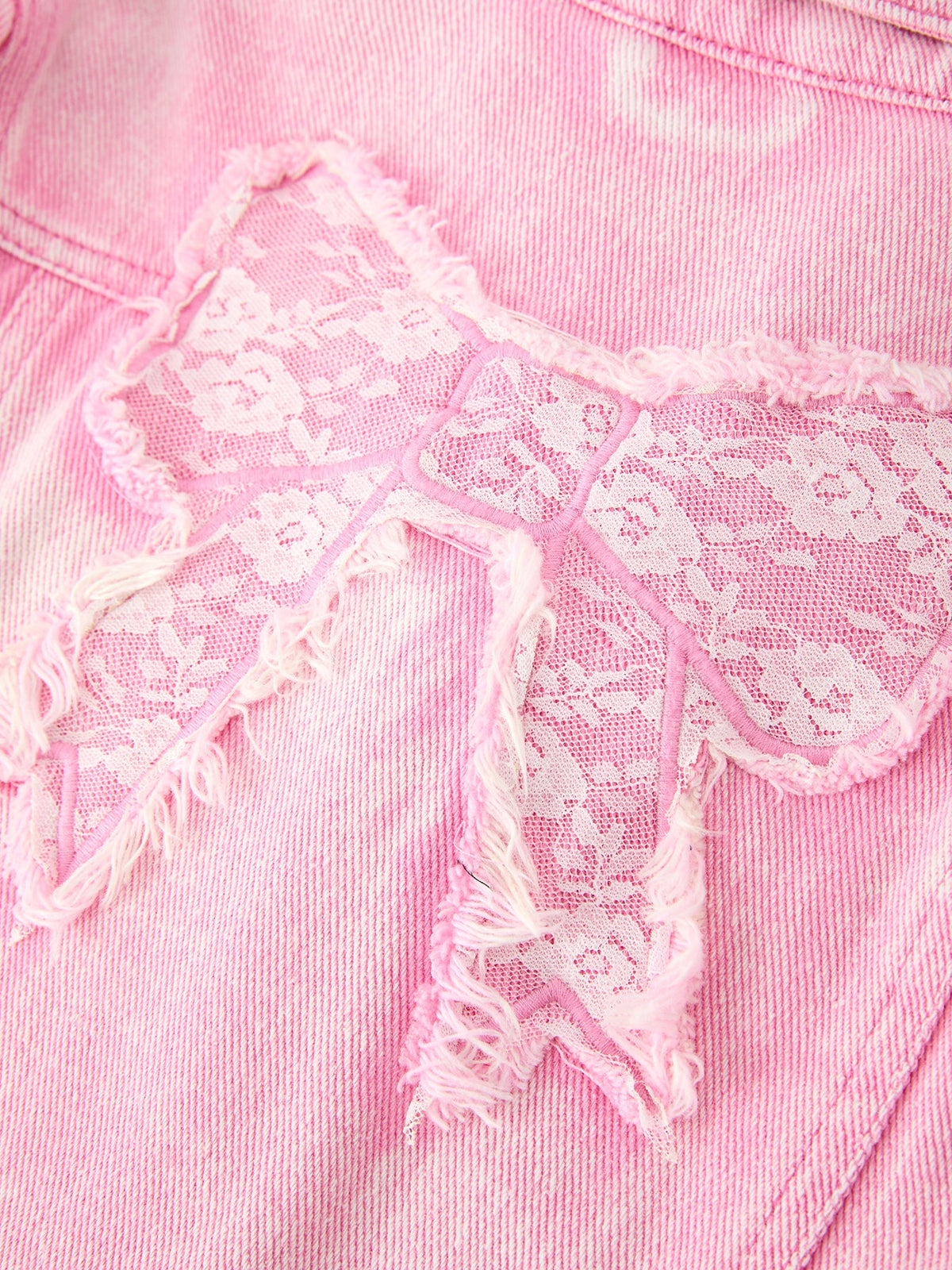 Girls Pink Denim Jacket with Lace Bow Back Detail by Rylee Faith Designs