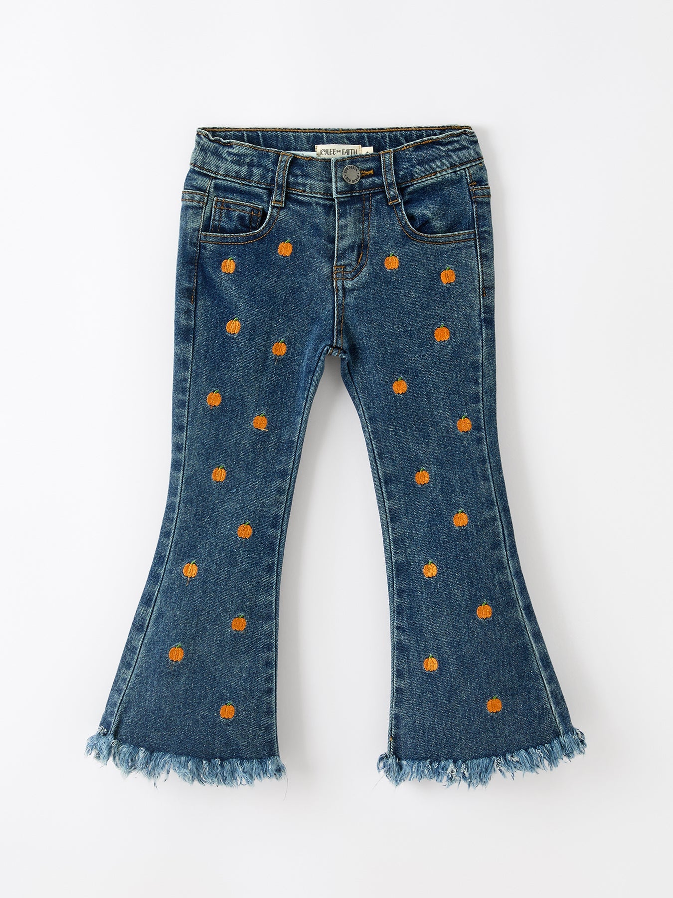 Girls Pumpkin Embroidered Flare Jeans, Fringe Hem