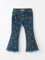 Girls Pumpkin Embroidered Flare Jeans, Fringe Hem by Rylee Faith Designs