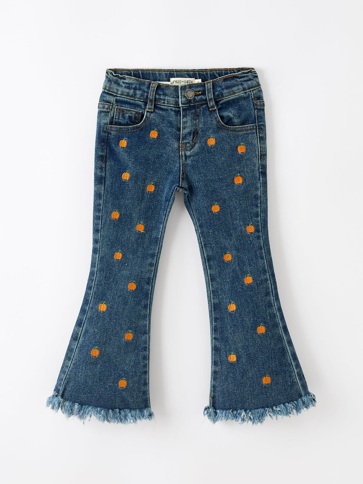 Girls Pumpkin Embroidered Flare Jeans, Fringe Hem by Rylee Faith Designs