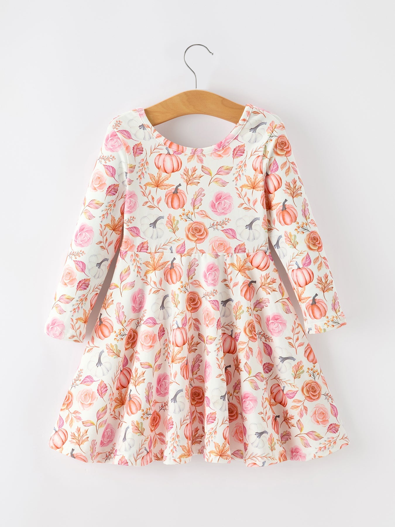 Polyester Spandex Girls Twirl Dress, Thanksgiving Pumpkin Floral