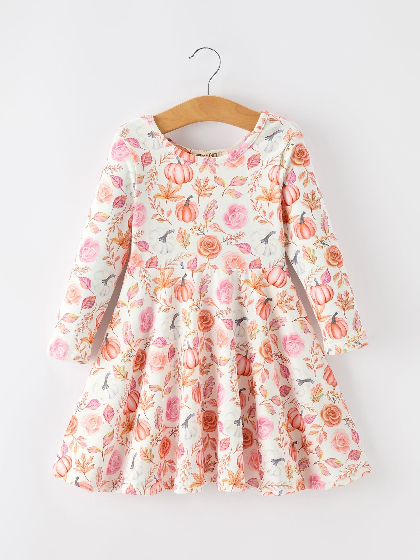 Polyester Spandex Girls Twirl Dress, Thanksgiving Pumpkin Floral