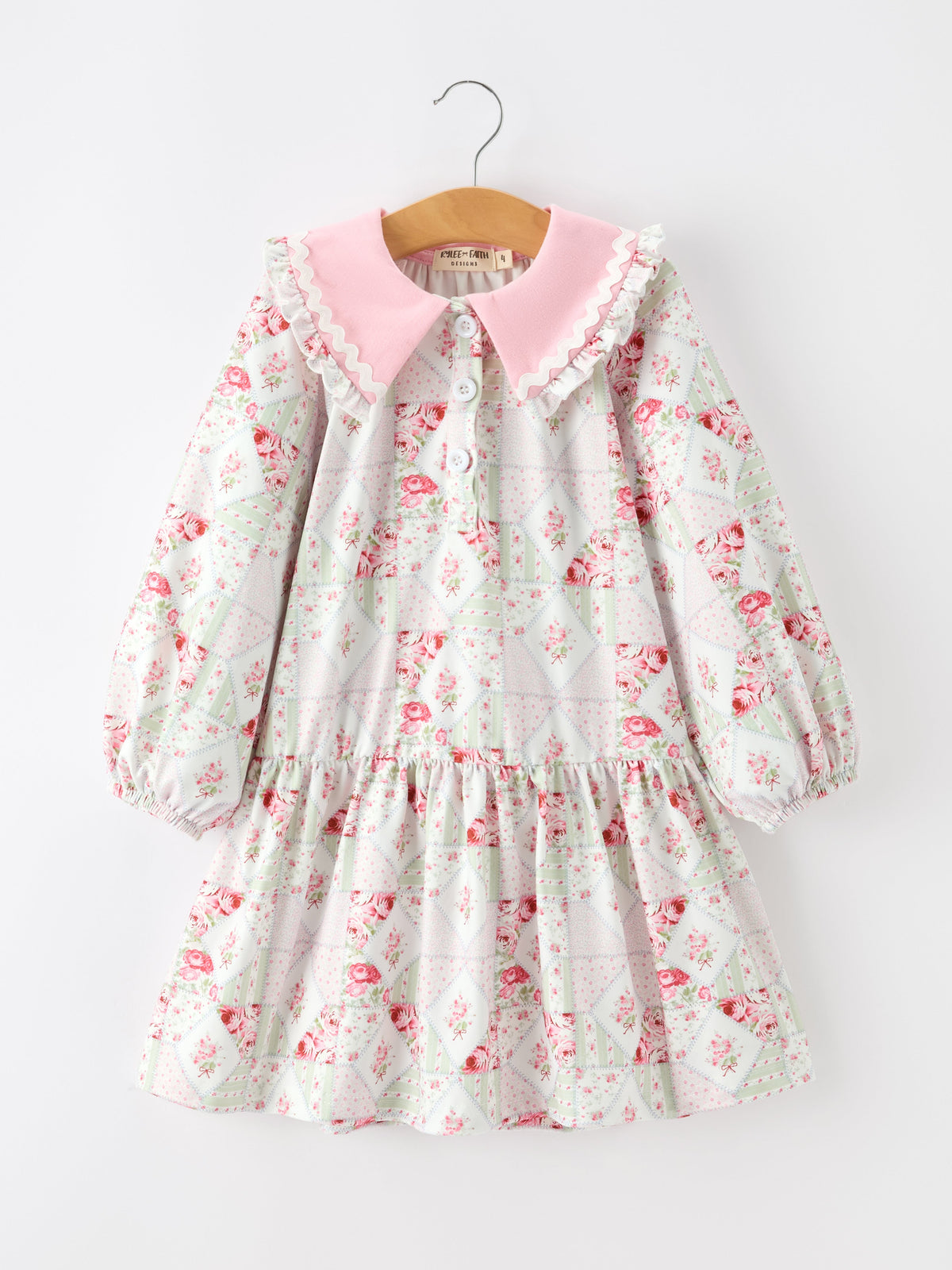 Fall Girls Floral Peter Pan Collar Ruffle Long-sleeved Dress by Rylee Faith Designs