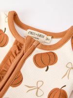 Fall Thanksgiving Pumpkin Ruffle Zip Sleeper Waffle Jumpsuit by Rylee Faith Designs