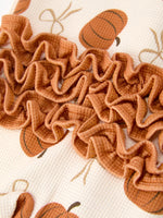 Fall Thanksgiving Pumpkin Ruffle Zip Sleeper Waffle Jumpsuit by Rylee Faith Designs