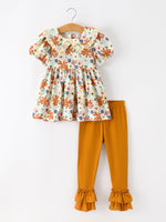 Fall Girls Floral Lace Collar Puff Sleeve Outfit Set by Rylee Faith Designs