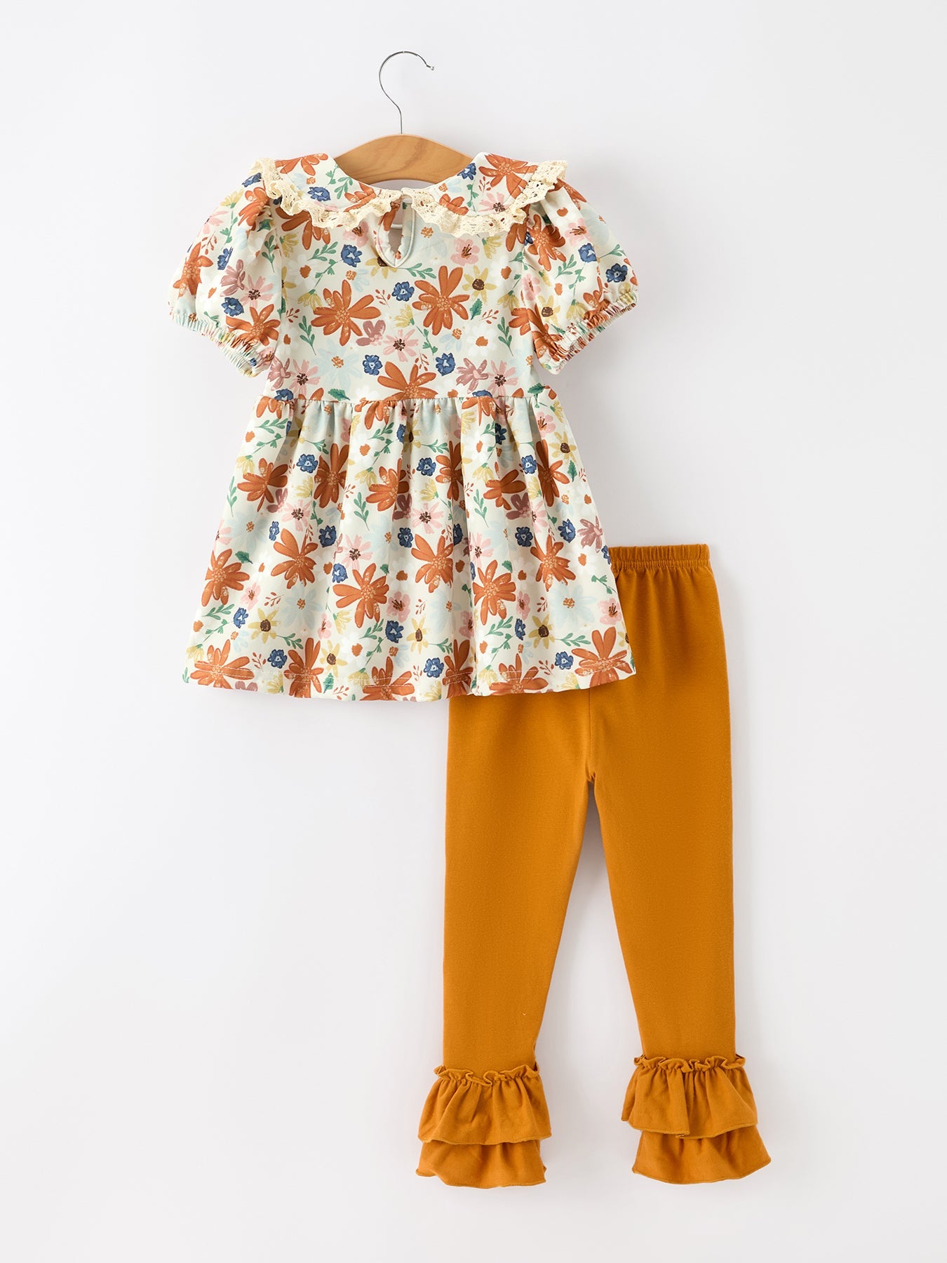 Fall Girls Floral Lace Collar Puff Sleeve Outfit Set by Rylee Faith Designs
