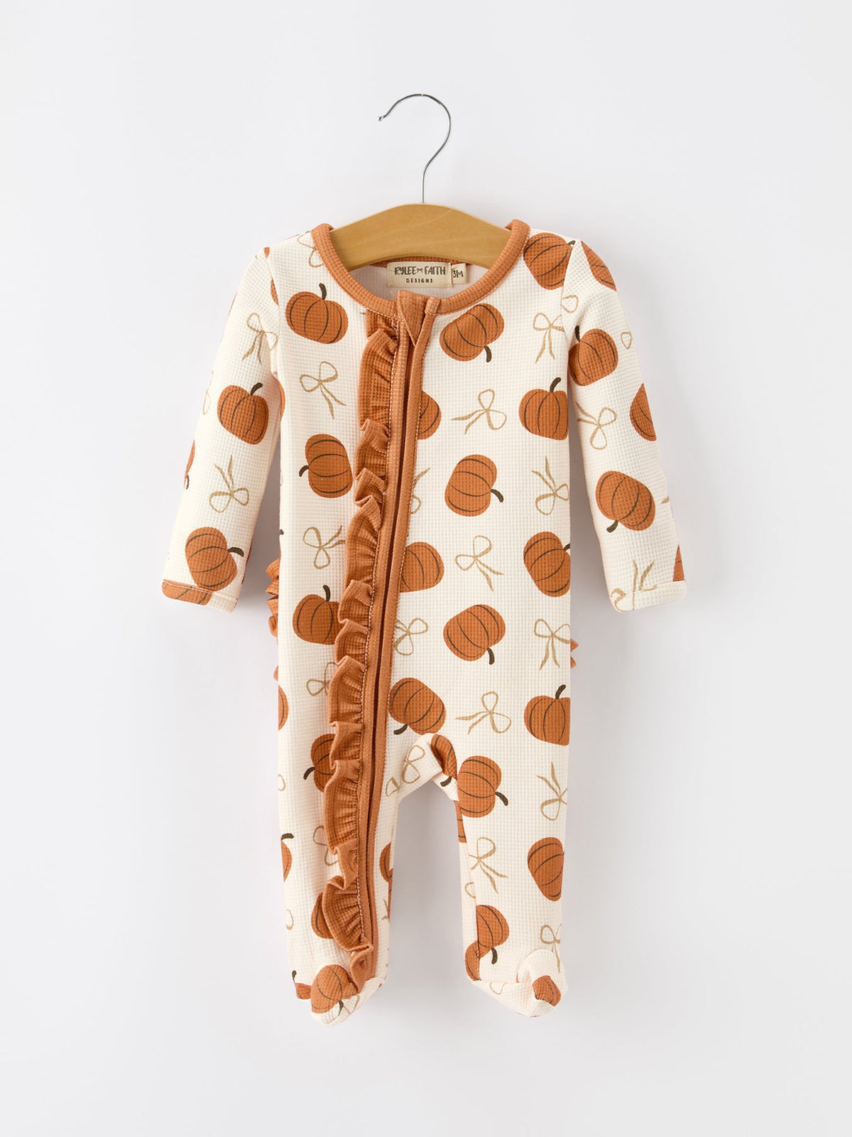 Fall Thanksgiving Pumpkin Ruffle Zip Sleeper Waffle Jumpsuit by Rylee Faith Designs