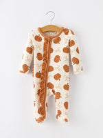 Fall Thanksgiving Pumpkin Ruffle Zip Sleeper Waffle Jumpsuit by Rylee Faith Designs