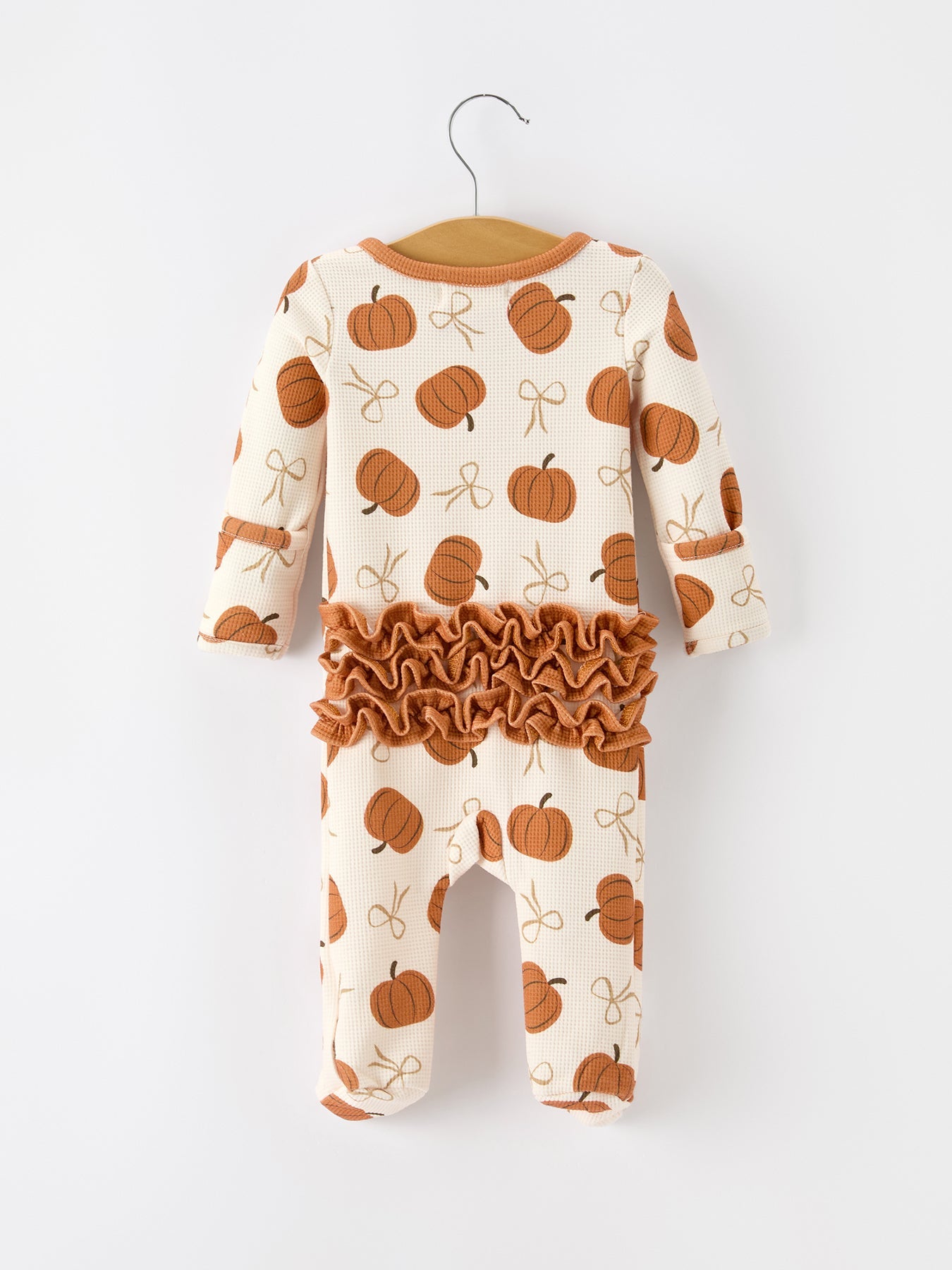 Fall Thanksgiving Pumpkin Ruffle Zip Sleeper Waffle Jumpsuit by Rylee Faith Designs