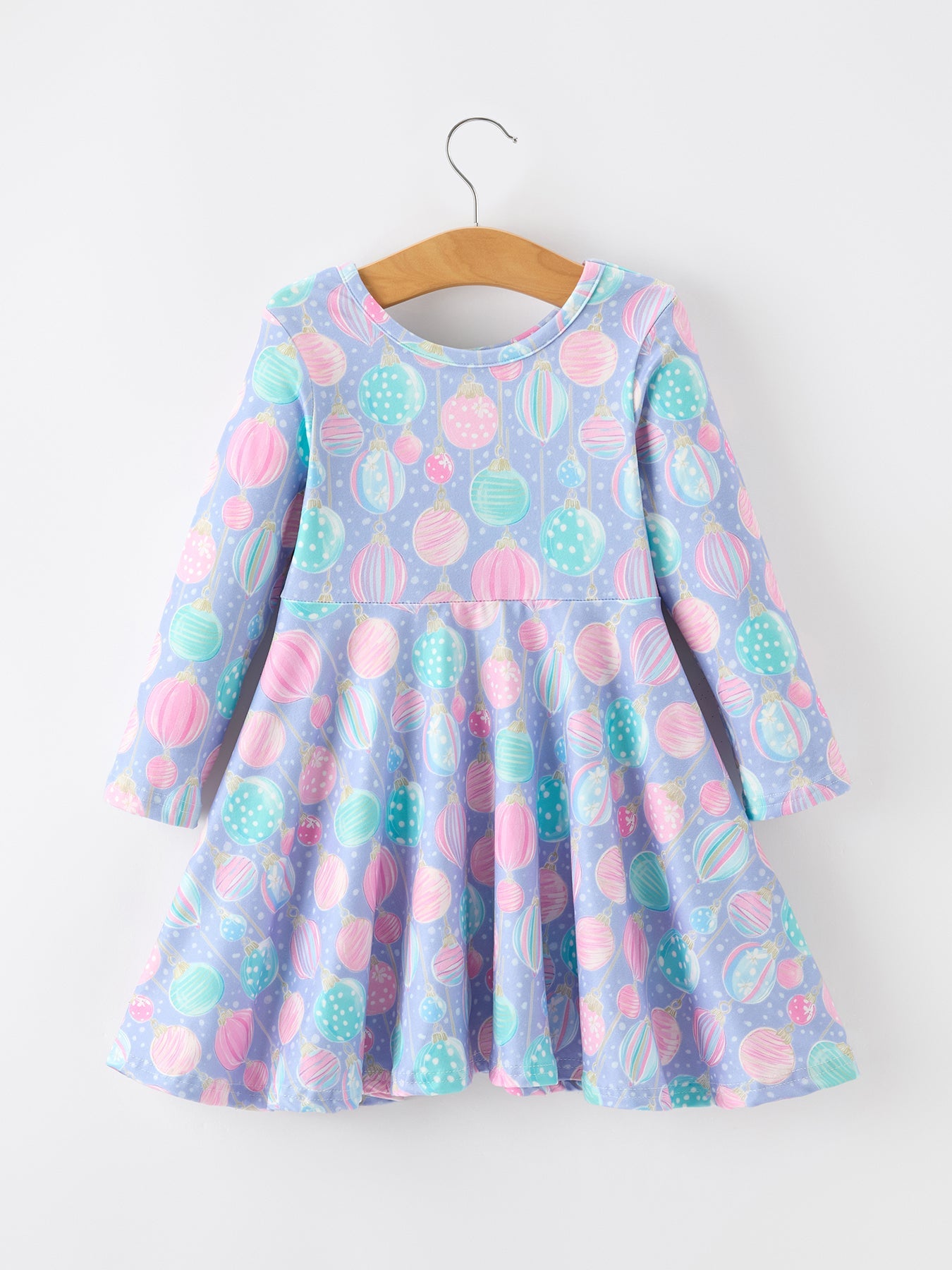 Girls Pastel Christmas Ornament Print Twirl Dress by Rylee Faith Designs