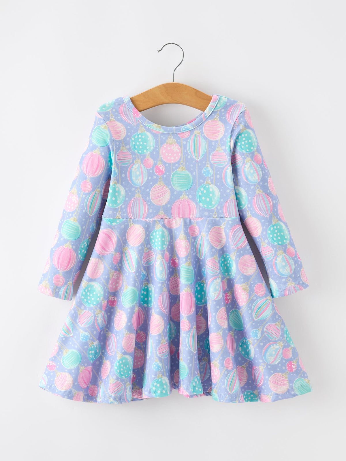 Girls A-line twirl dress in a pastel Christmas ornament print with a flared skirt