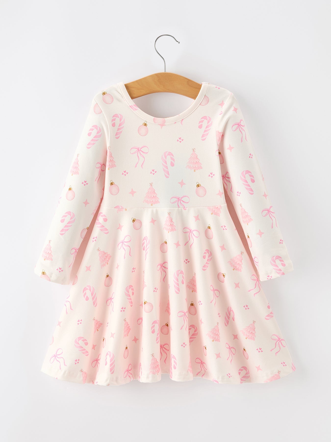 Girls Pink Christmas Ornament Print Flare Dress by Rylee Faith Designs
