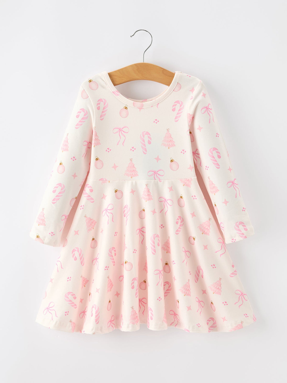 Girls Pink Christmas Ornament Print Flare Dress by Rylee Faith Designs