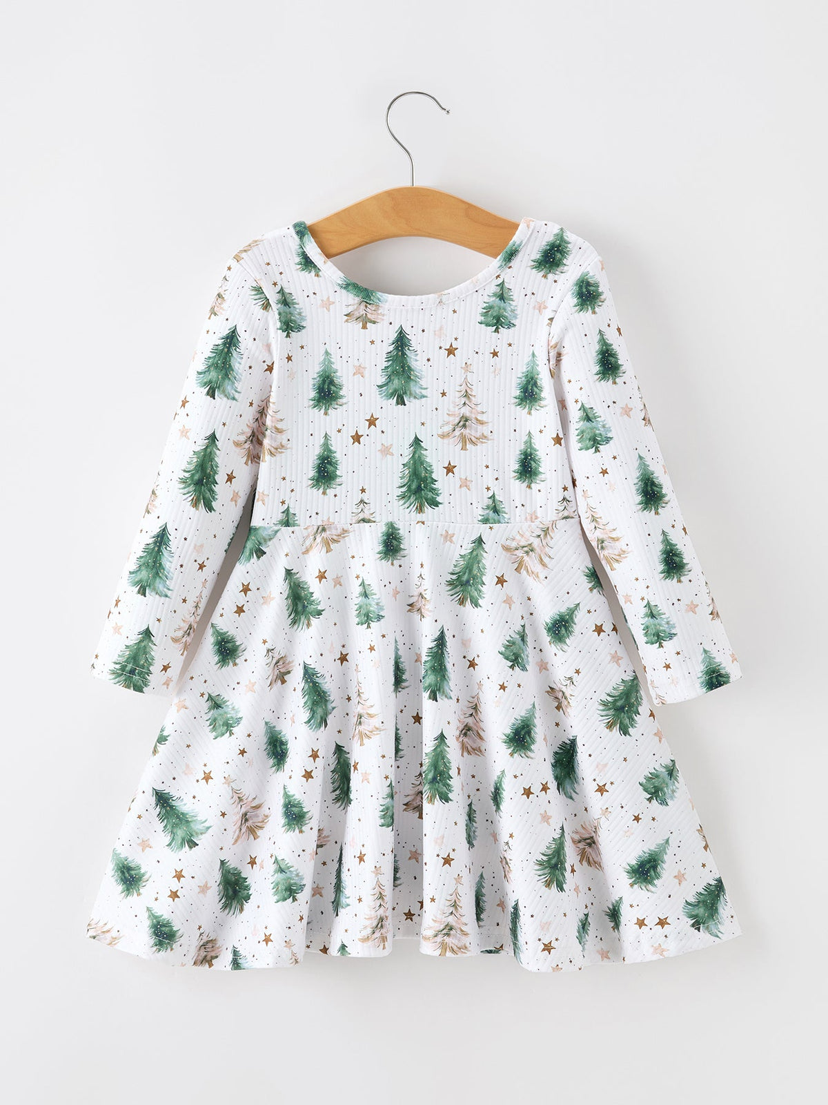 Girls Christmas Tree & Star Ribbed Print Twirl Dress by Rylee Faith Designs