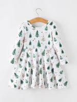 Girls Christmas Tree & Star Ribbed Print Twirl Dress by Rylee Faith Designs