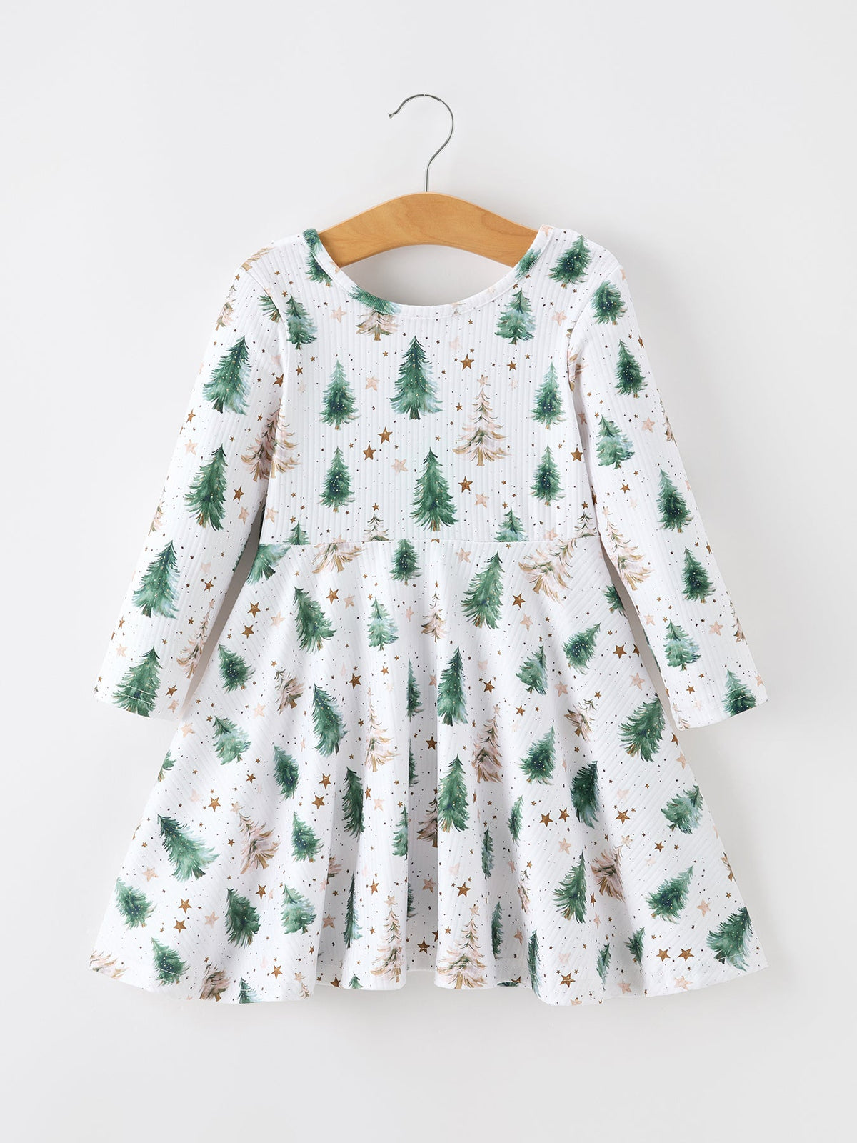 Girls Christmas Tree & Star Ribbed Print Twirl Dress by Rylee Faith Designs
