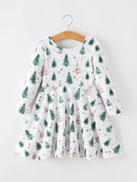 Girls Christmas Tree & Star Ribbed Print Twirl Dress by Rylee Faith Designs