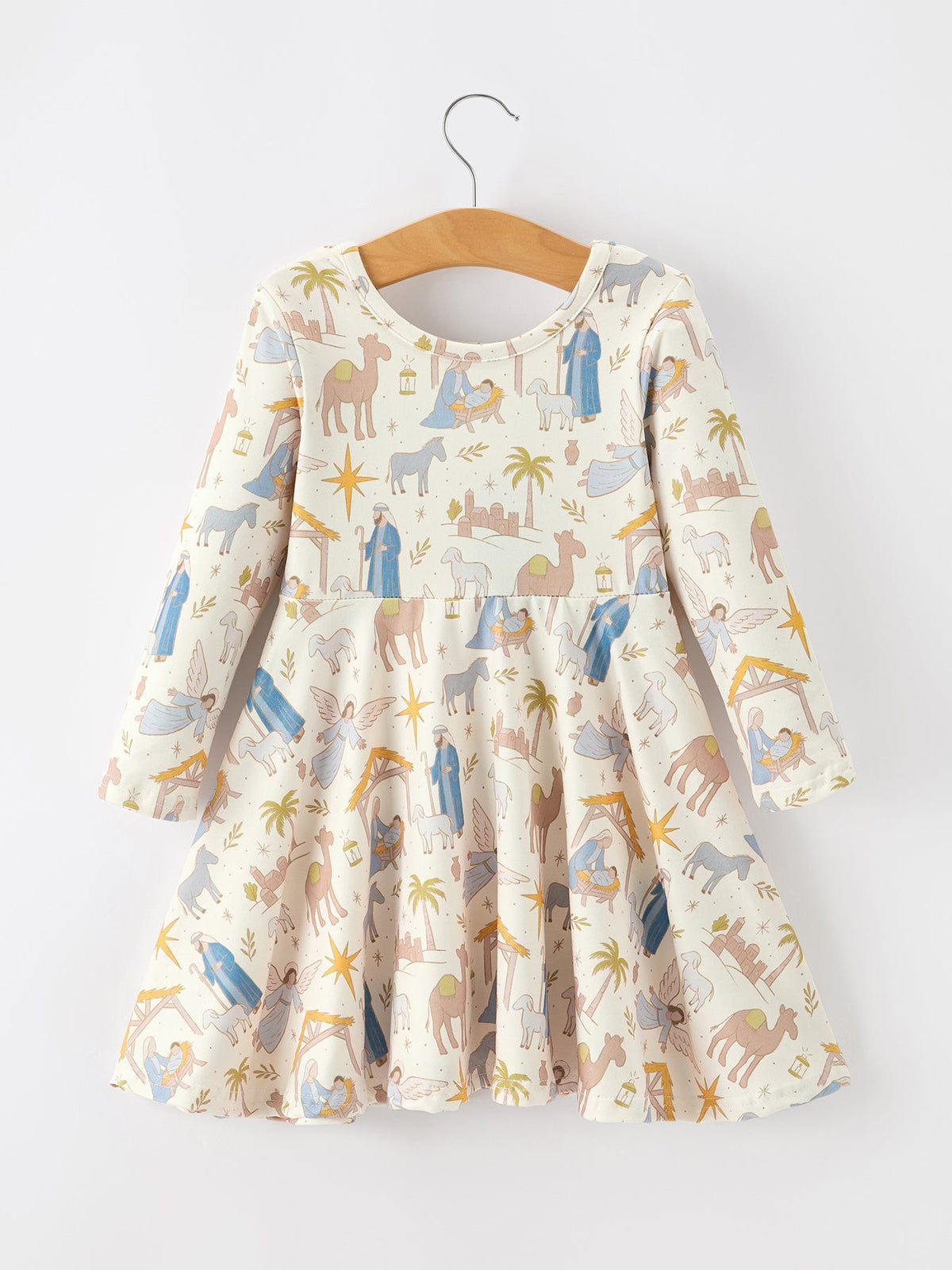 Christmas Girls Nativity Print Twirl Long Sleeve Dress by Rylee Faith Designs