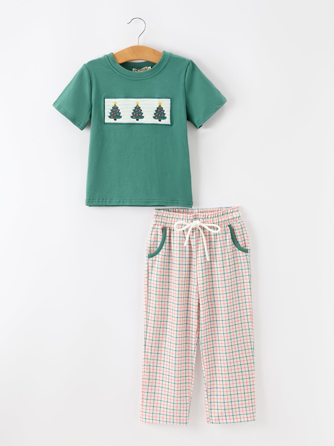 Boys two-piece holiday set with green embroidered t-shirt and red and green plaid pants