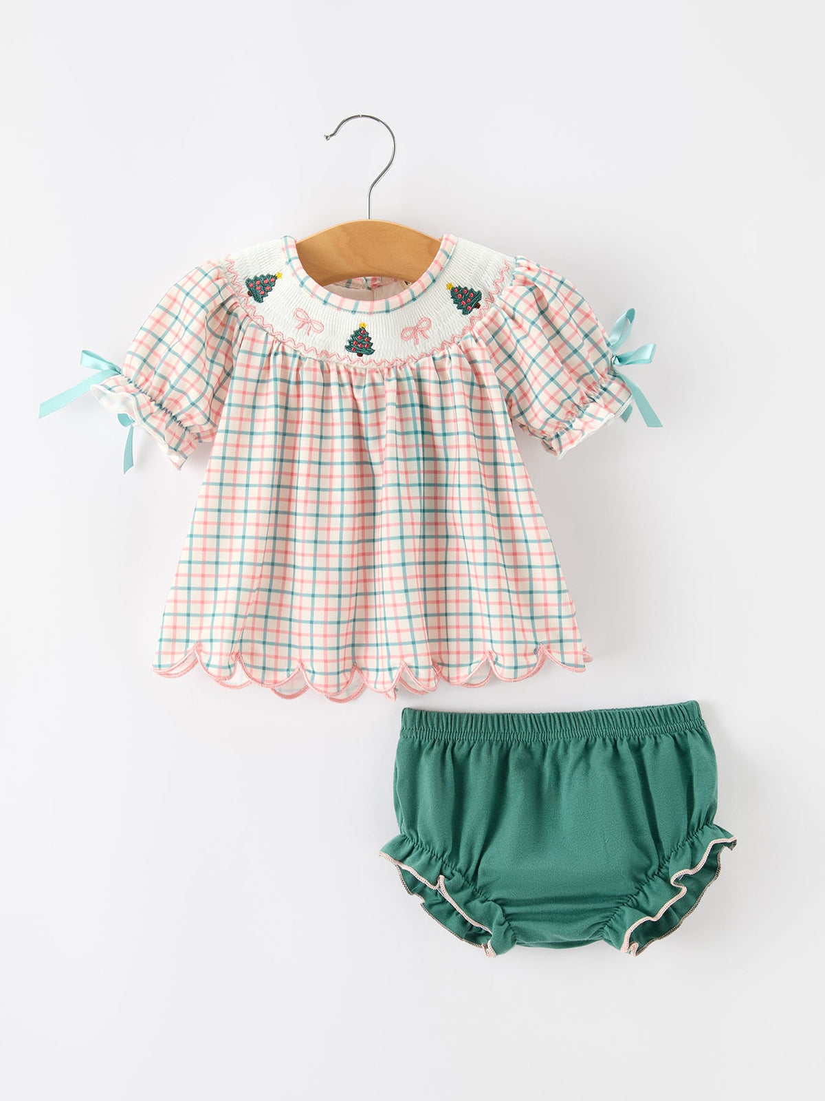 Girls Christmas Plaid Smocked Bloomers Set with Tree Embroidery by Rylee Faith Designs