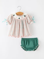 Girls Christmas Plaid Smocked Bloomers Set with Tree Embroidery by Rylee Faith Designs