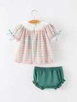 Girls Christmas Plaid Smocked Bloomers Set with Tree Embroidery by Rylee Faith Designs