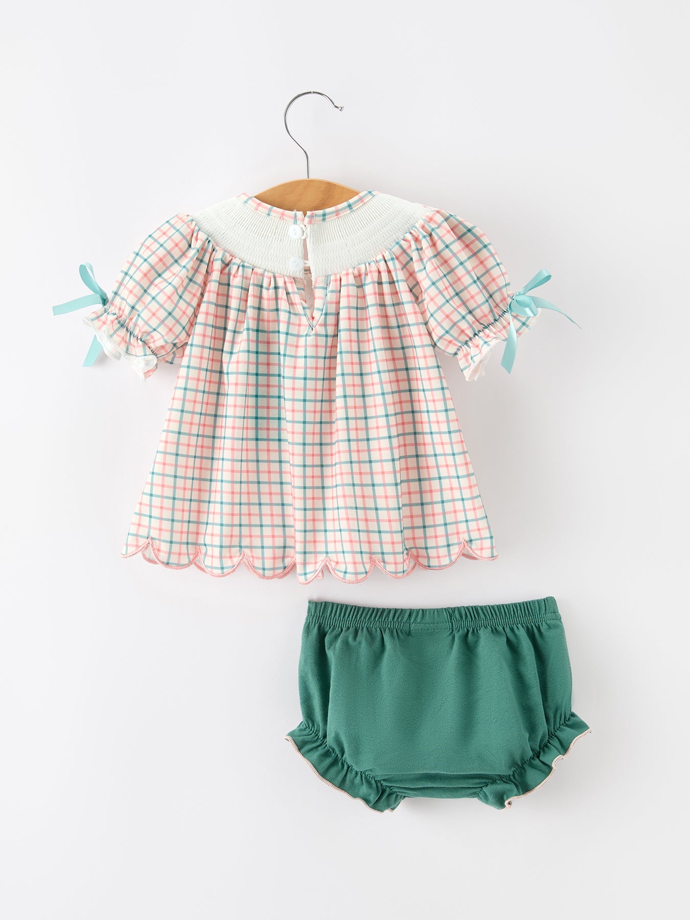 Girls Christmas Plaid Smocked Bloomers Set with Tree Embroidery by Rylee Faith Designs