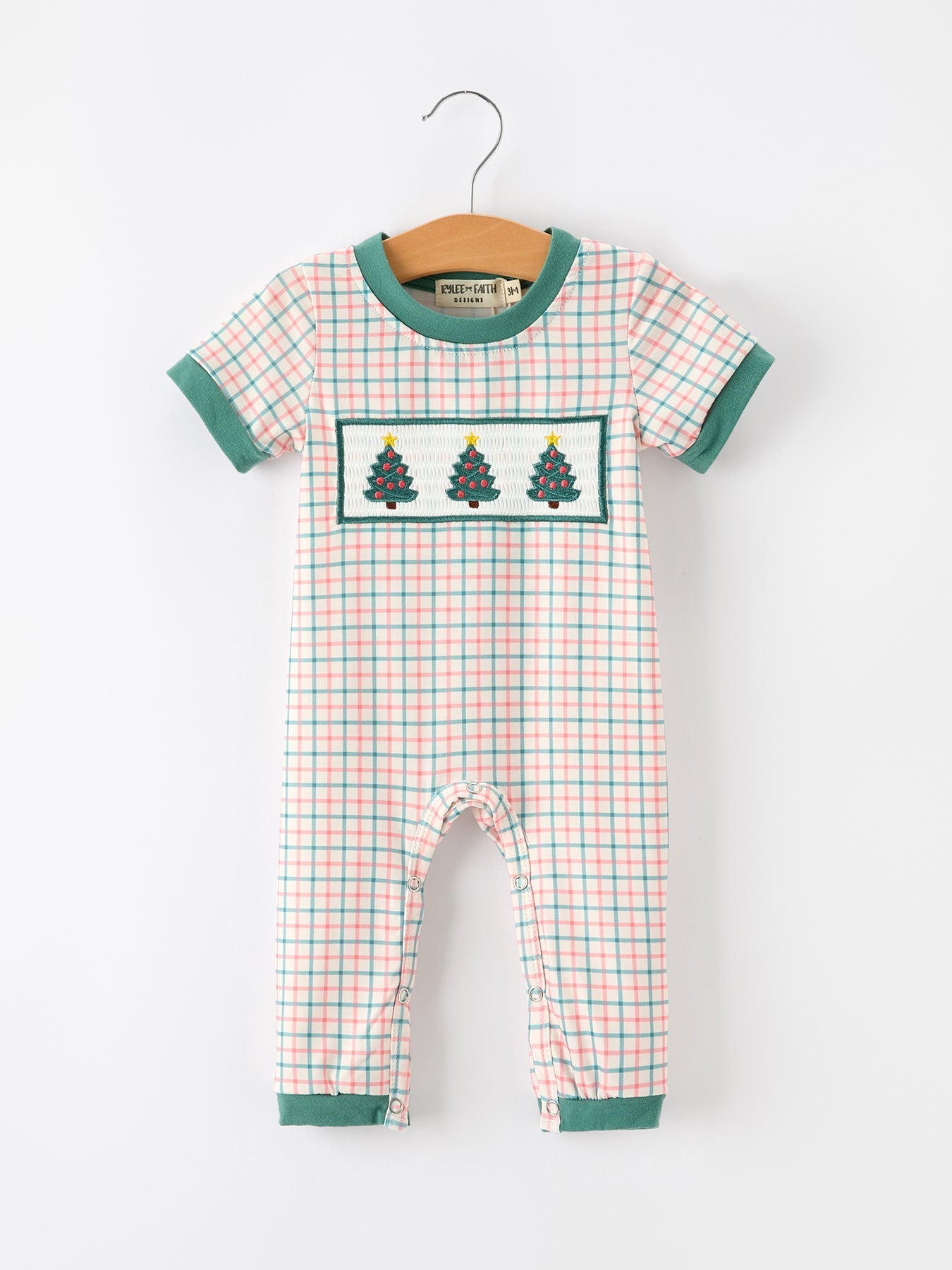Baby boy jonjon romper in Christmas plaid with green trim and embroidered Christmas tree on the chest