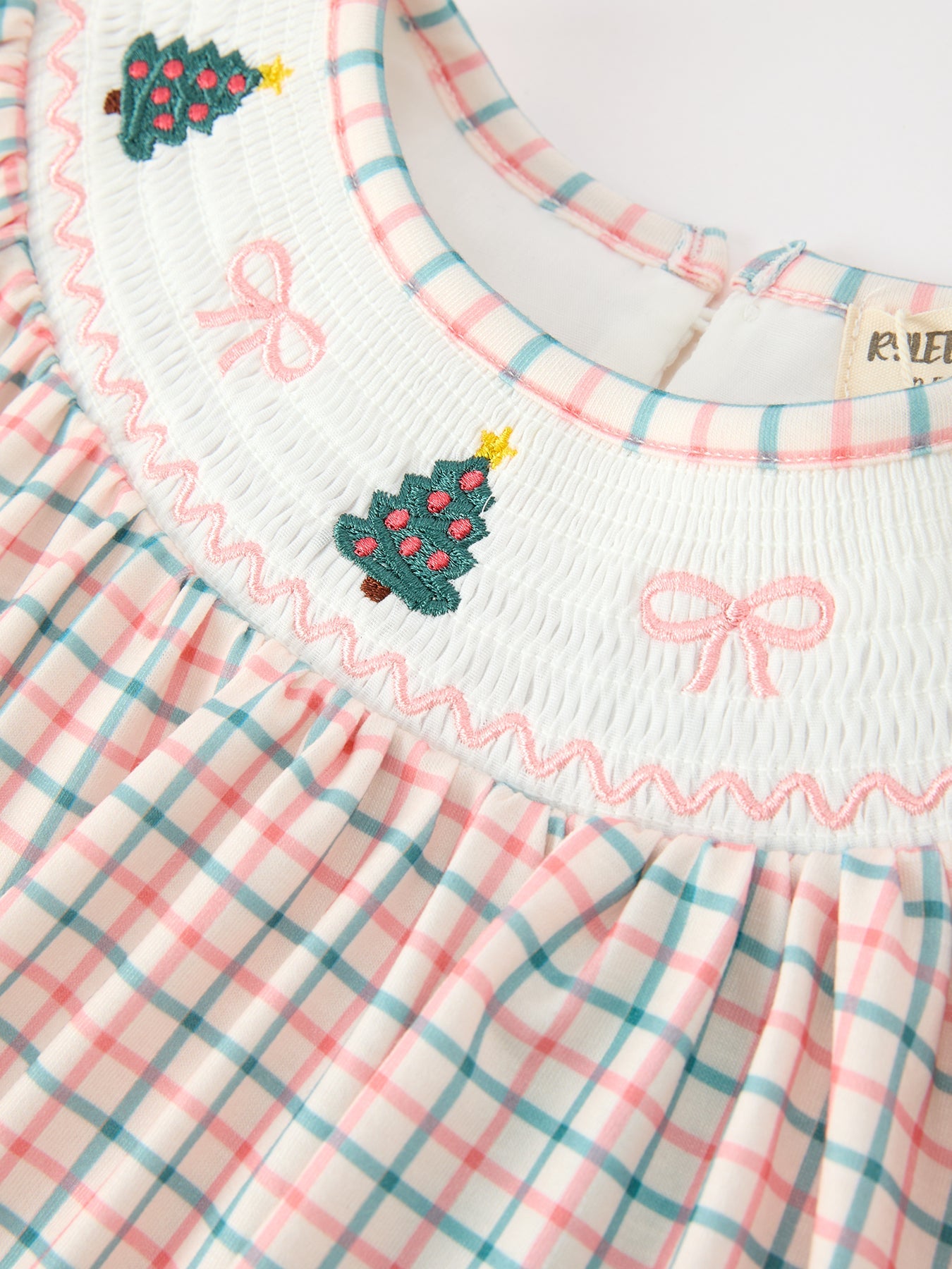 Girls Christmas Smocked Plaid Dress with Tree Embroidery by Rylee Faith Designs