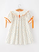 Halloween Pumpkin Smocked Girls Dress Polka Dot Ruffle Sleeve by Rylee Faith Designs