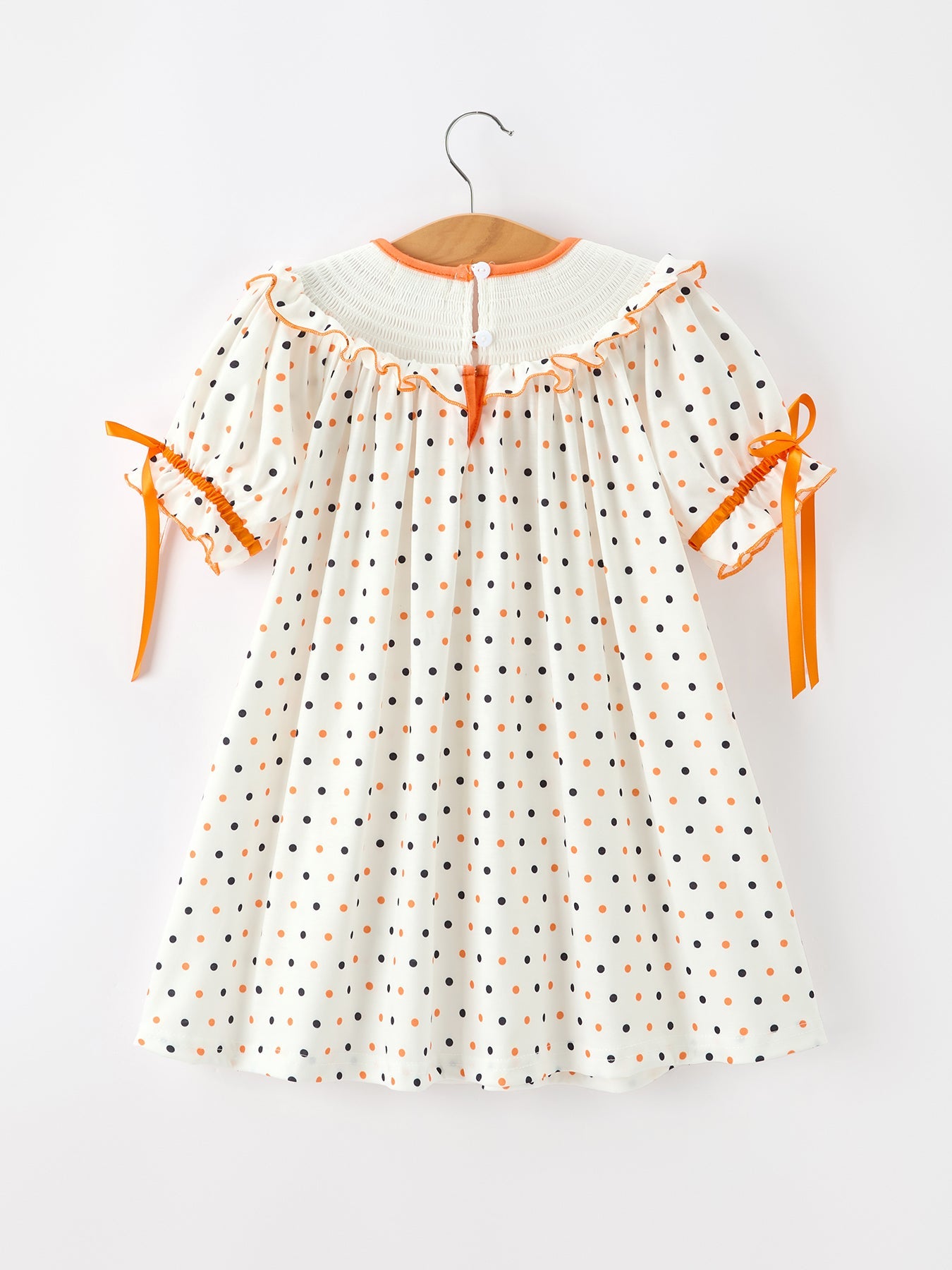 Halloween Pumpkin Smocked Girls Dress Polka Dot Ruffle Sleeve by Rylee Faith Designs