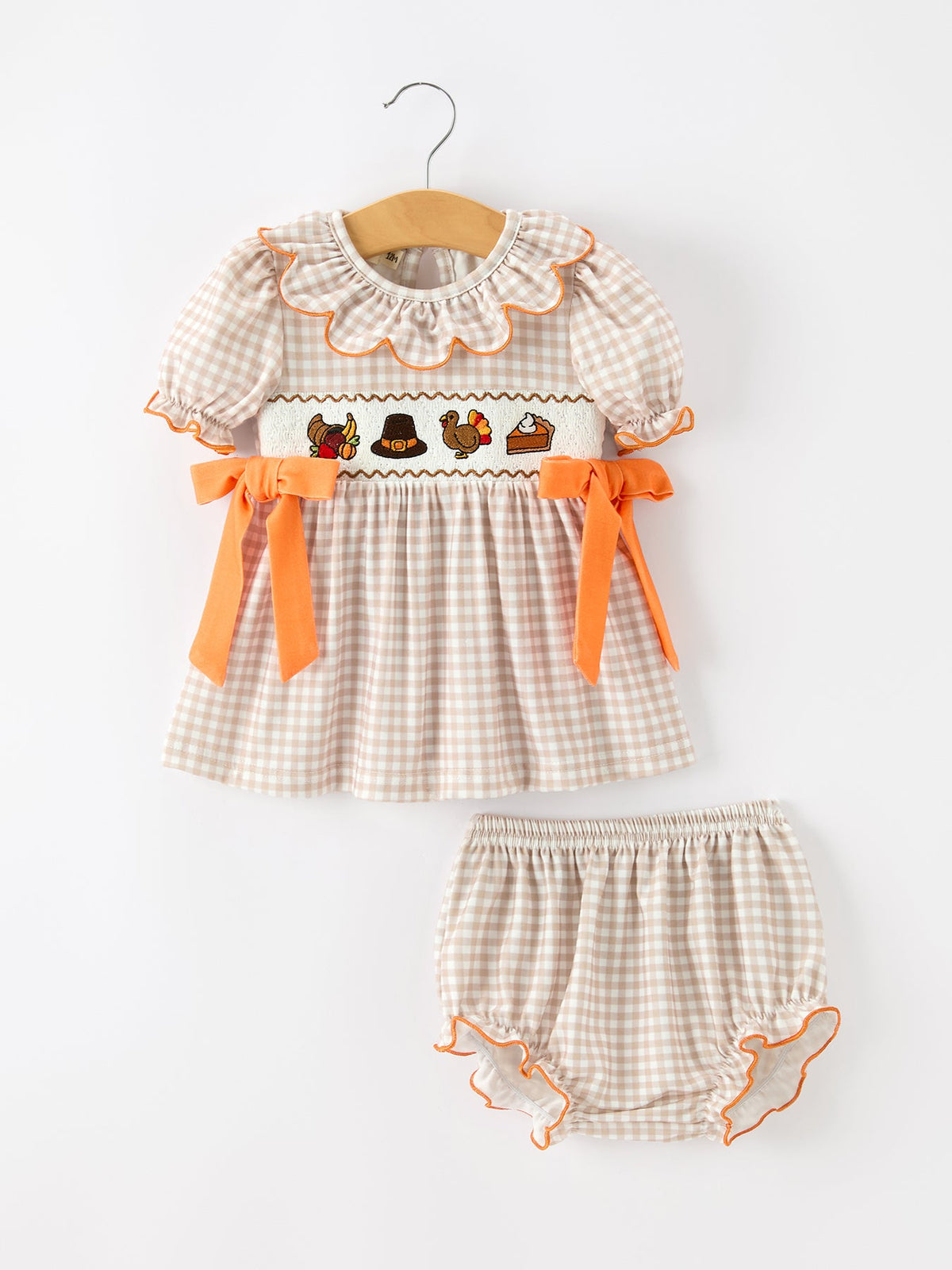 Thanksgiving Smocked Girls Dress Bloomer Set Turkey Embroidery by Rylee Faith Designs