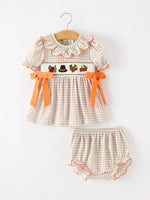 Thanksgiving Smocked Girls Dress Bloomer Set Turkey Embroidery by Rylee Faith Designs