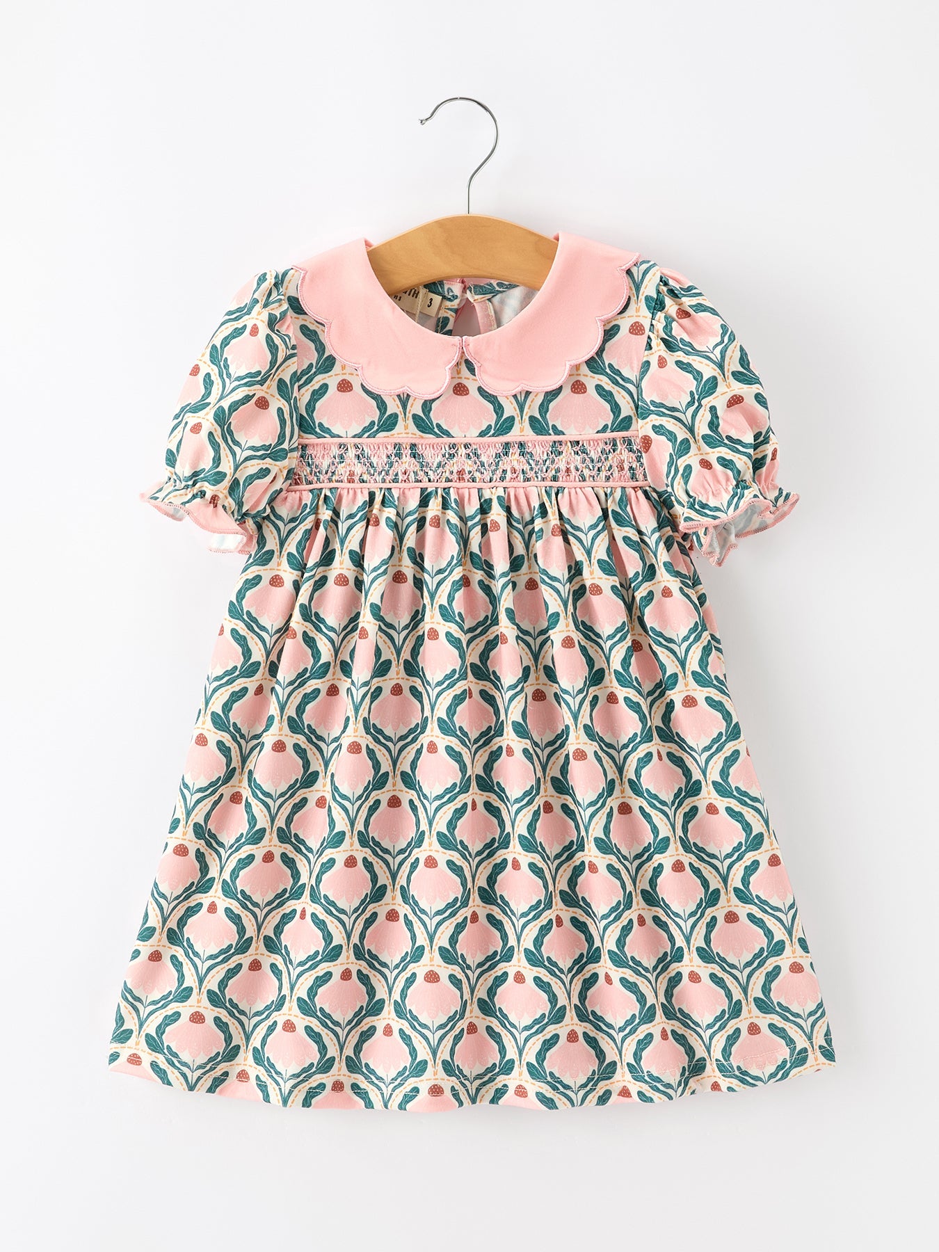 Polyester Spandex Dress, Geometric Floral Print, Petals Collar Smocked