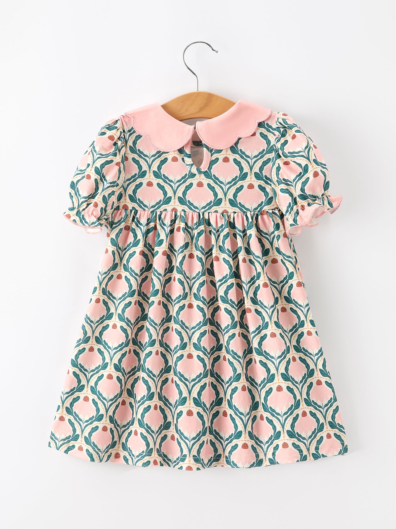 Polyester Spandex Dress, Geometric Floral Print, Petals Collar Smocked