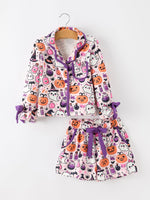 Halloween Pumpkin Ghost Print Girls Pajama Set by Rylee Faith Designs