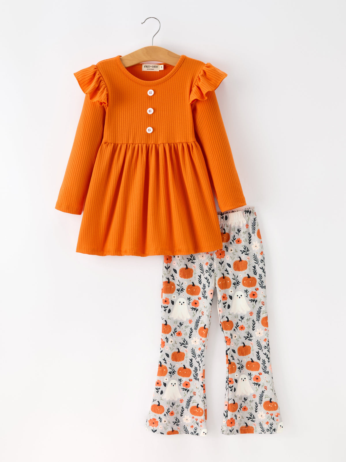 Fall Halloween Pumpkin Ghost Print Girls Long Sleeve Set by Rylee Faith Designs