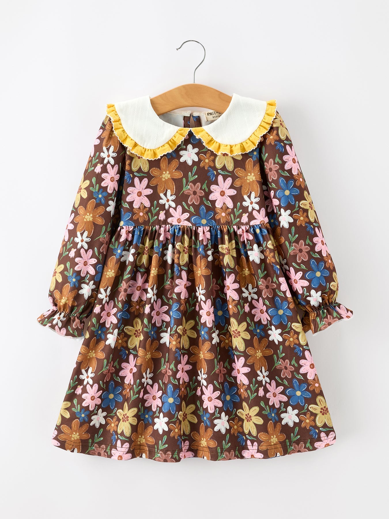 Girls A-line twirl dress with white Peter Pan collar and retro autumn floral print