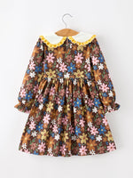 Fall Retro Girls Floral Peter Pan Collar Twirl Dress by Rylee Faith Designs