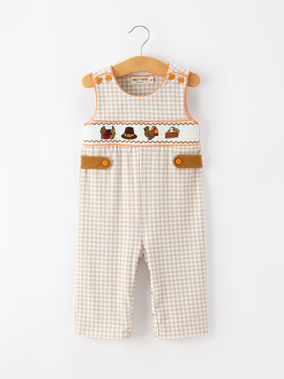 Thanksgiving Boys Gingham Jon Jon Embroidered Romper by Rylee Faith Designs