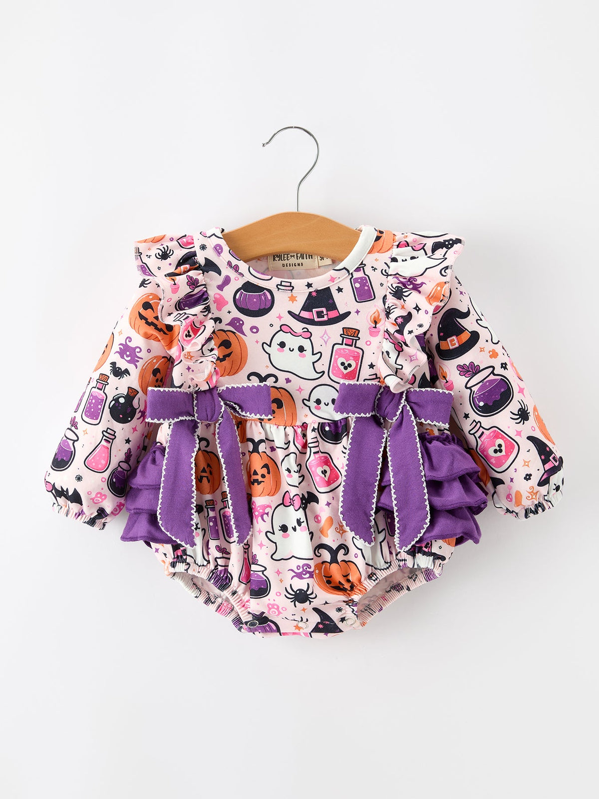 Halloween Pumpkin Ghost Baby Girl Bubble Romper Ruffle Bow Detail by Rylee Faith Designs
