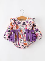 Halloween Pumpkin Ghost Baby Girl Bubble Romper Ruffle Bow Detail by Rylee Faith Designs