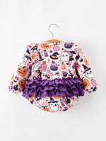 Halloween Pumpkin Ghost Baby Girl Bubble Romper Ruffle Bow Detail by Rylee Faith Designs
