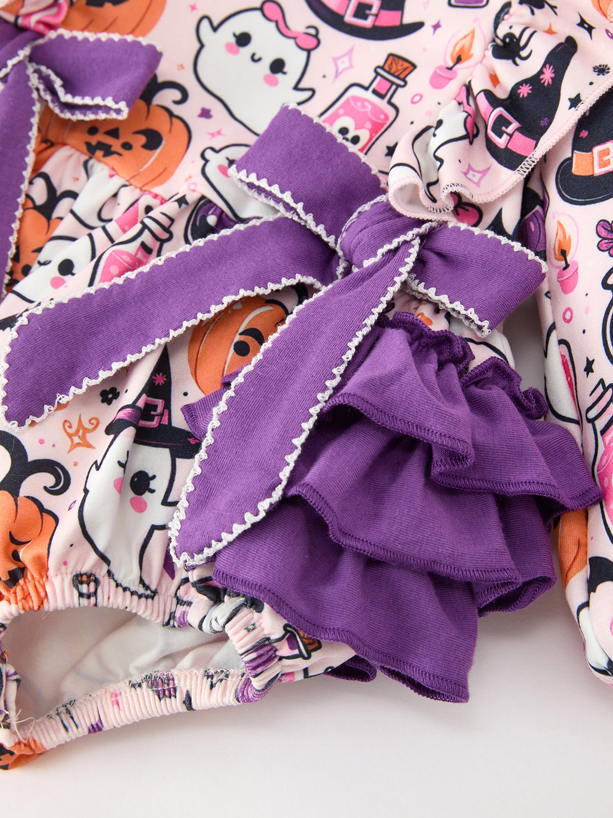 Halloween Pumpkin Ghost Baby Girl Bubble Romper Ruffle Bow Detail by Rylee Faith Designs