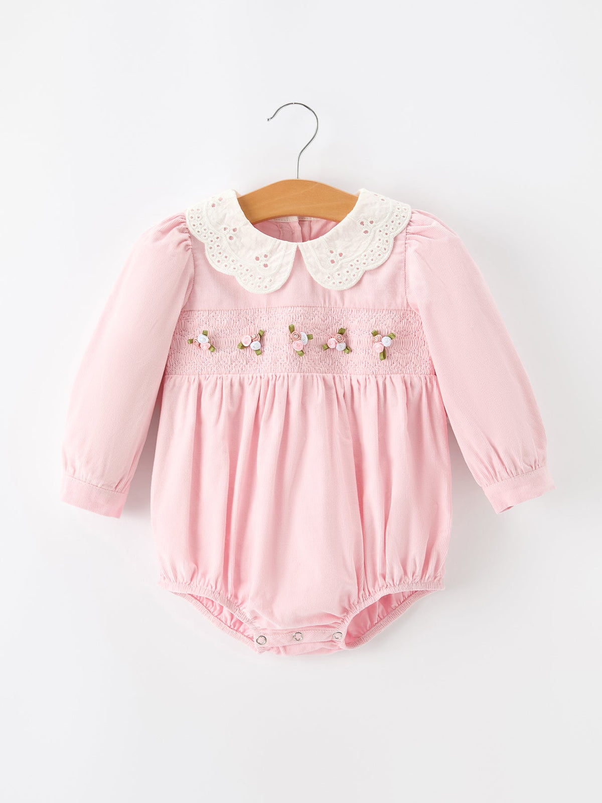 Fall Pink Smocked Baby Girl Bubble Romper Peter Pan Collar Floral Detail by Rylee Faith Designs